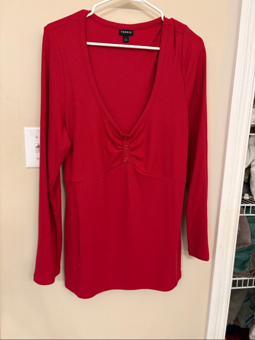 torrid Red Ribbed V-Neck Long Sleeve Tee with Button Detail